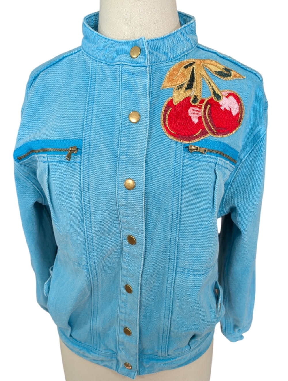 Women’s Light Blue Cherry Patch Denim Jacket